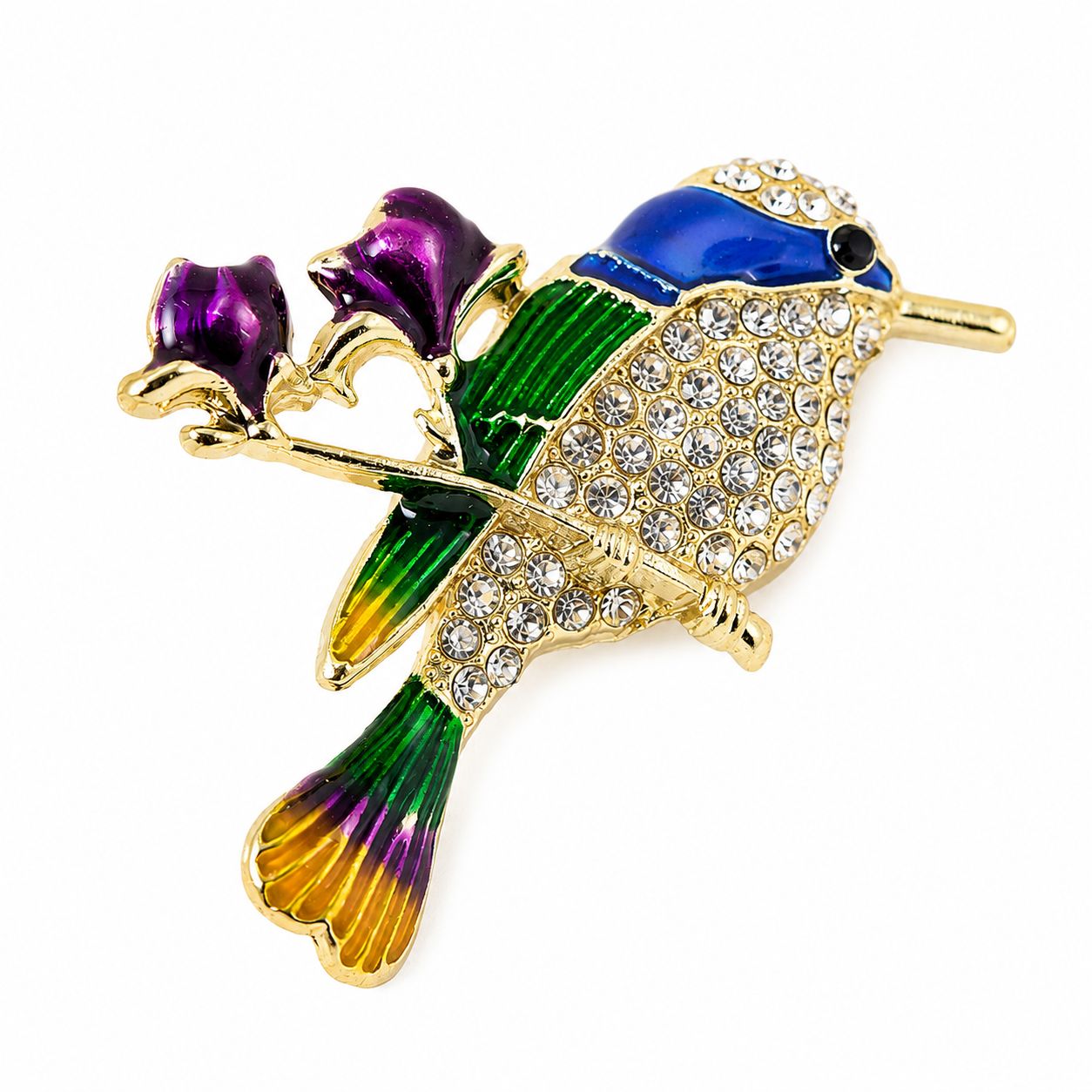Roku darbs piespraude ar kolibri putniņu un mirdzošiem kristāliem elegantā dizainā.