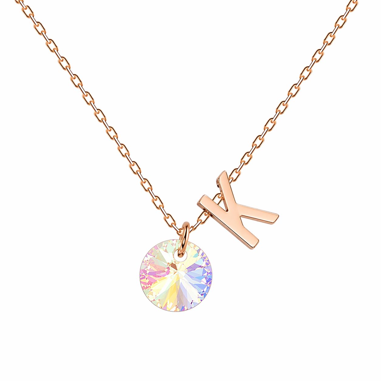 rozā zelta kaklarota ar hameleona kristālu un smalku burtiņu 