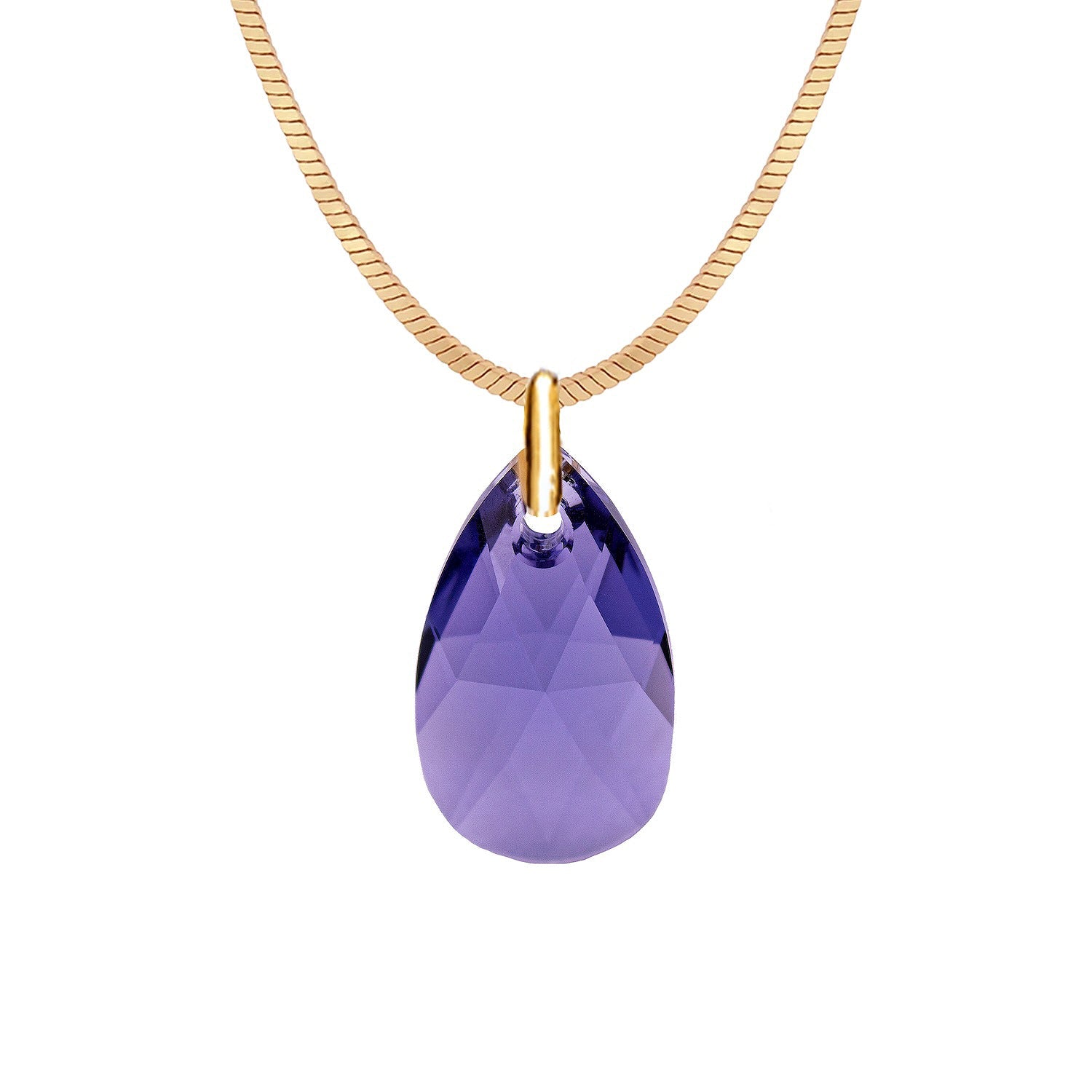 Antialerģiska apzeltīta kaklarota ar violetu kristālu lāsītes kulonu