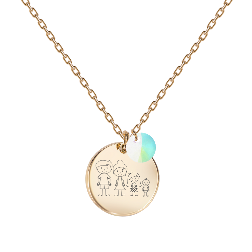 zelta kaklarota ar personalizētu gravētu ģimenes medaljonu ar hameleona kristālu