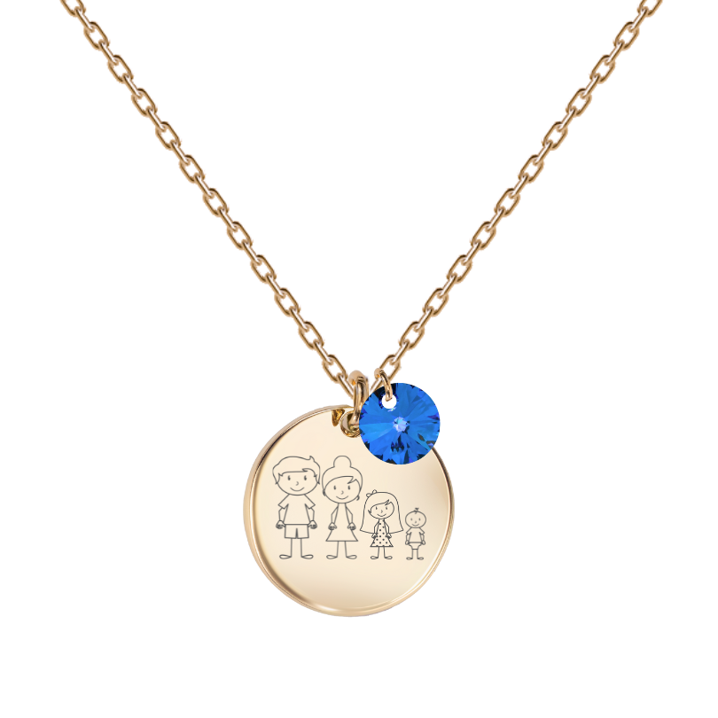 zelta kaklarota ar personalizētu gravētu ģimenes medaljonu ar zilu kristālu