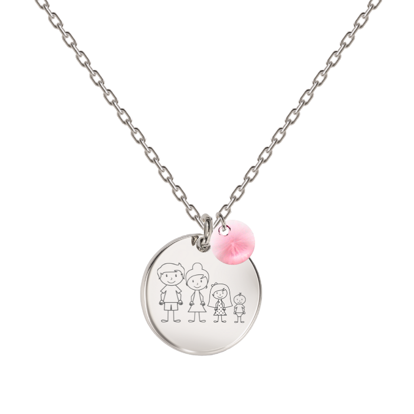 sudraba kaklarota ar personalizētu gravētu ģimenes medaljonu ar rozā kristālu