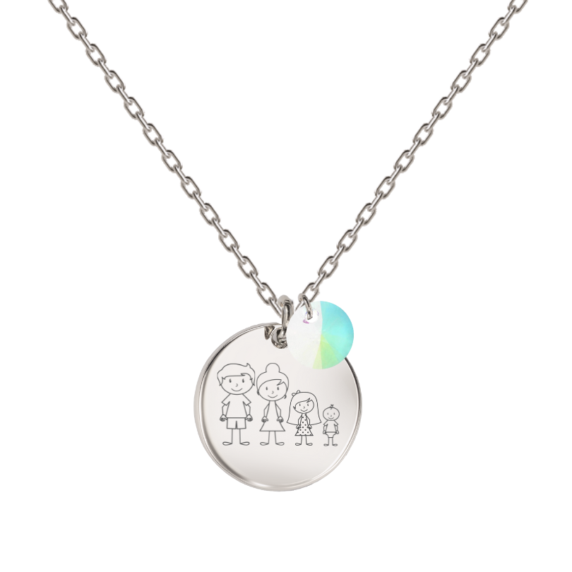 sudraba kaklarota ar personalizētu gravētu ģimenes medaljonu ar hameleona kristālu