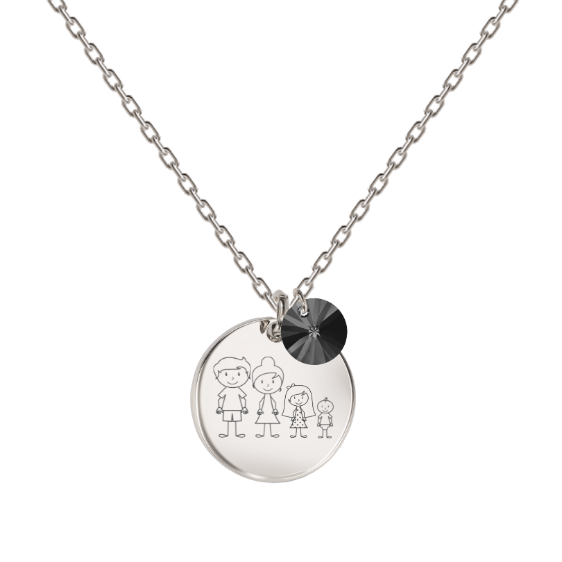 sudraba kaklarota ar personalizētu gravētu ģimenes medaljonu ar pelēku kristālu