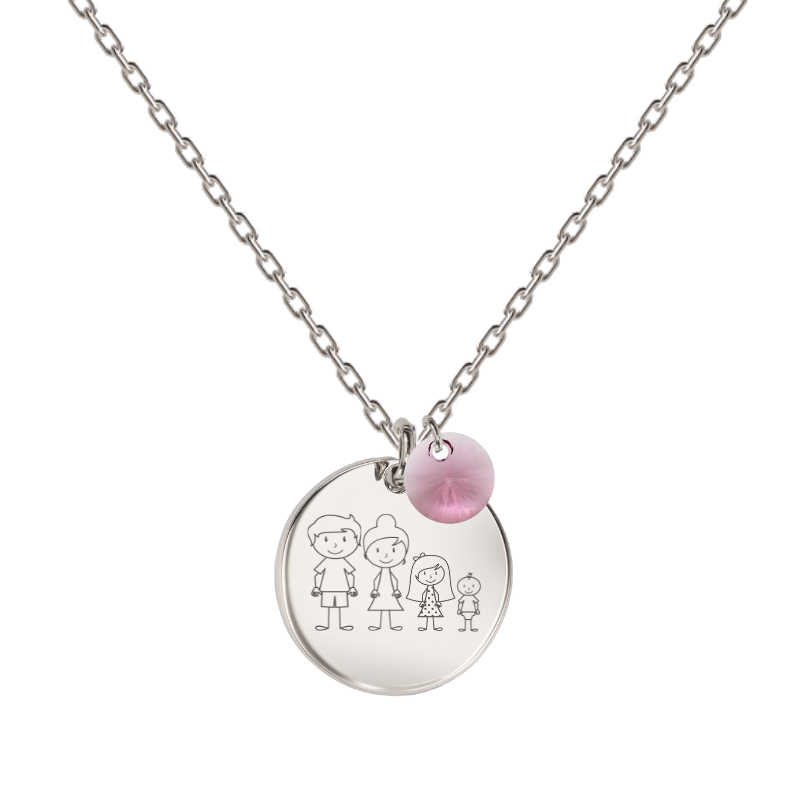 sudraba kaklarota ar personalizētu gravētu ģimenes medaljonu ar rozā kristālu