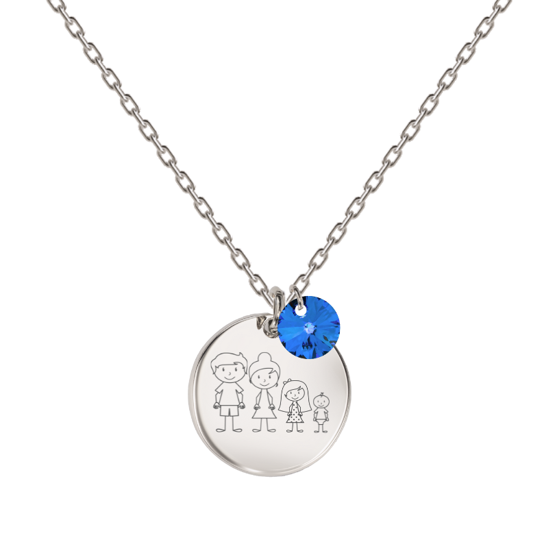 sudraba kaklarota ar personalizētu gravētu ģimenes medaljonu ar zilu kristālu
