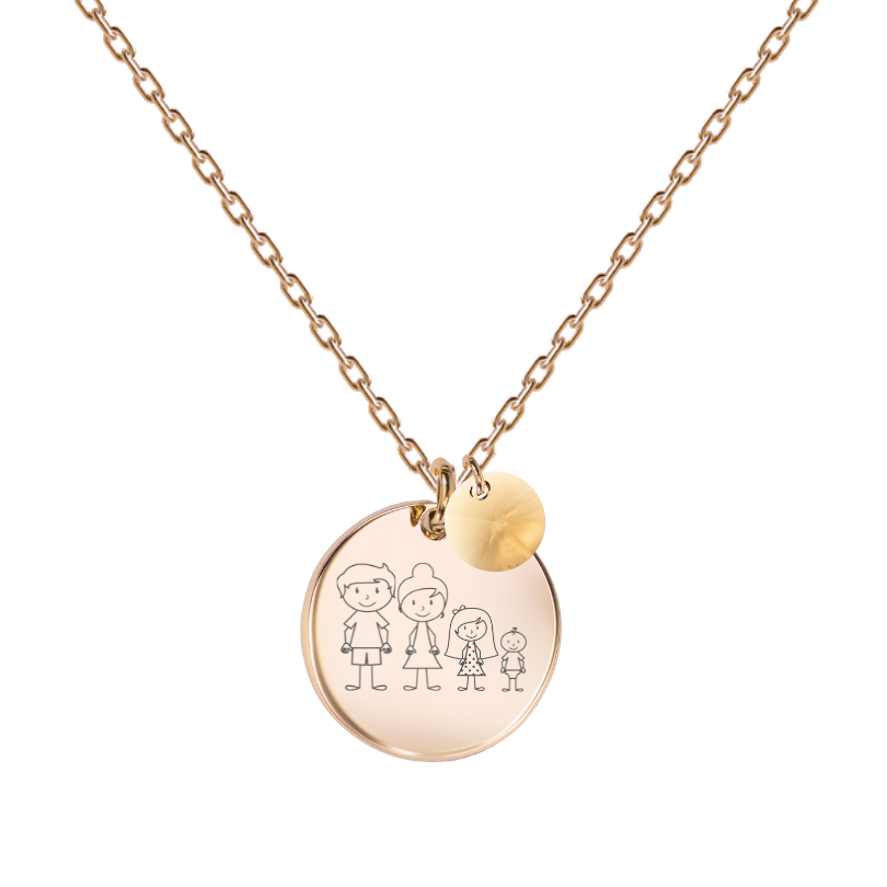zelta kaklarota ar personalizētu gravētu ģimenes medaljonu ar bēšu kristālu