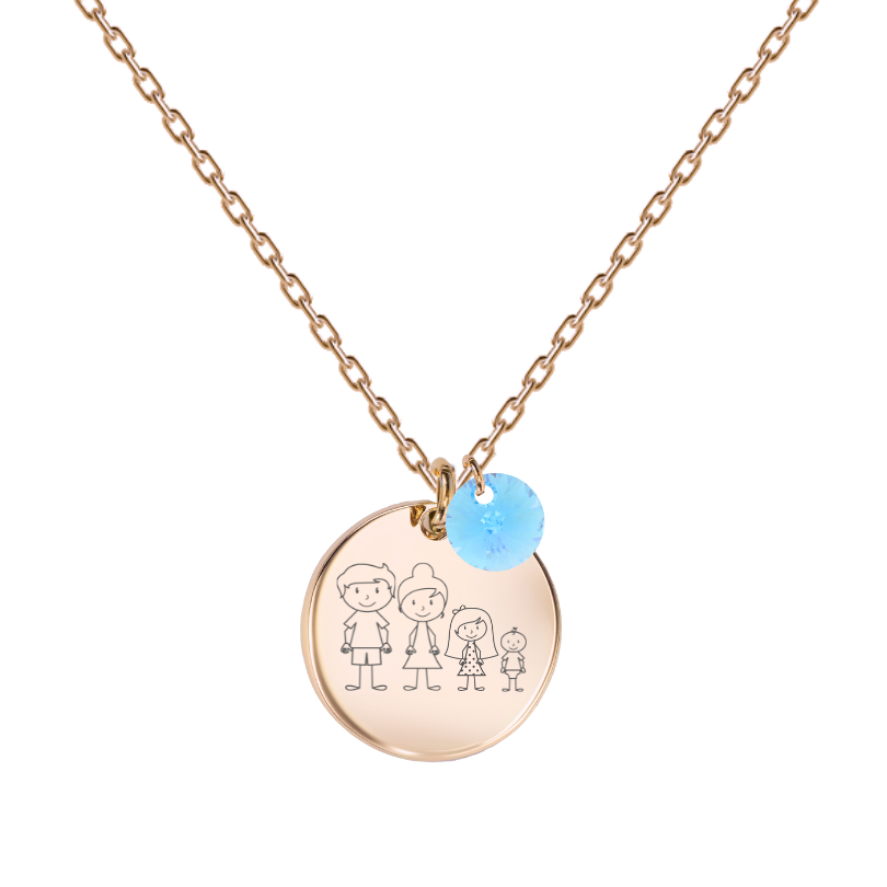 zelta kaklarota ar personalizētu gravētu ģimenes medaljonu ar zilu kristālu