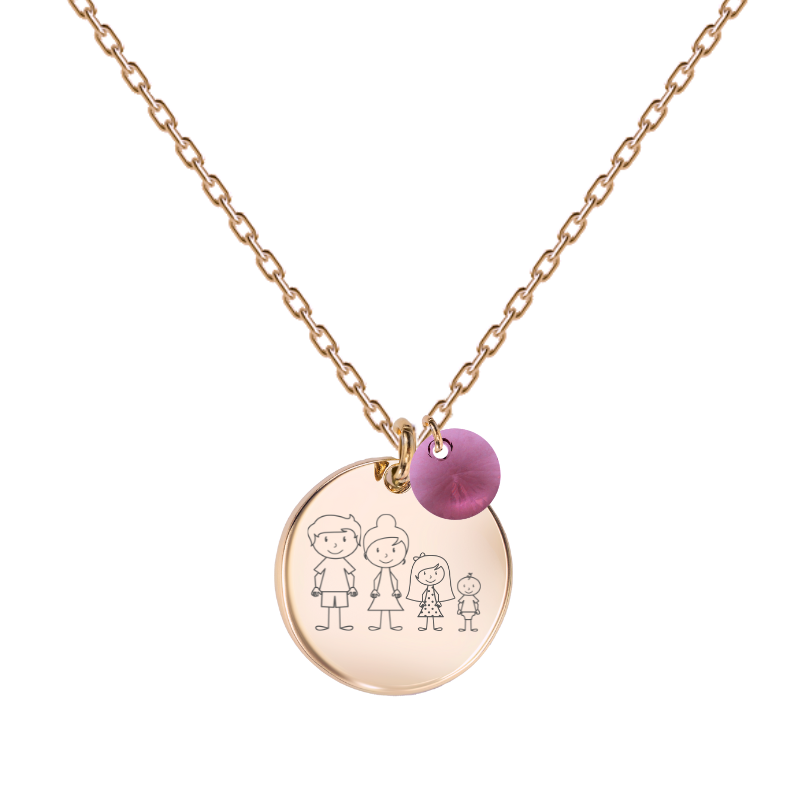 zelta kaklarota ar personalizētu gravētu ģimenes medaljonu ar violetu kristālu