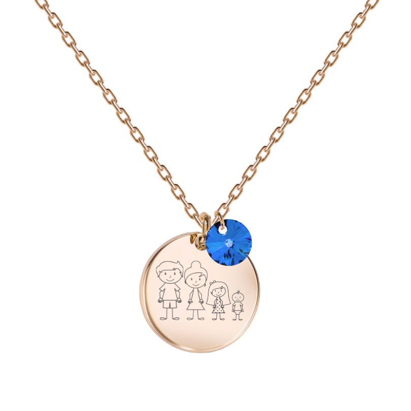 zelta kaklarota ar personalizētu gravētu ģimenes medaljonu ar zilu kristālu