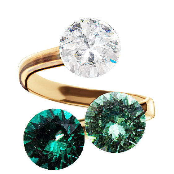 Apzeltīts gredzens ar erinite, caurspīdīgu un emeralda kristālu